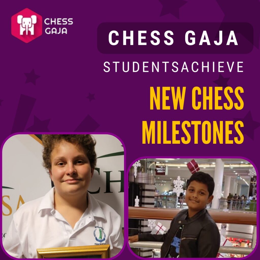 A promotional image for Chess Gaja showcasing achievements of students. The image features two students, one on the left holding a plaque and another on the right in a casual setting.