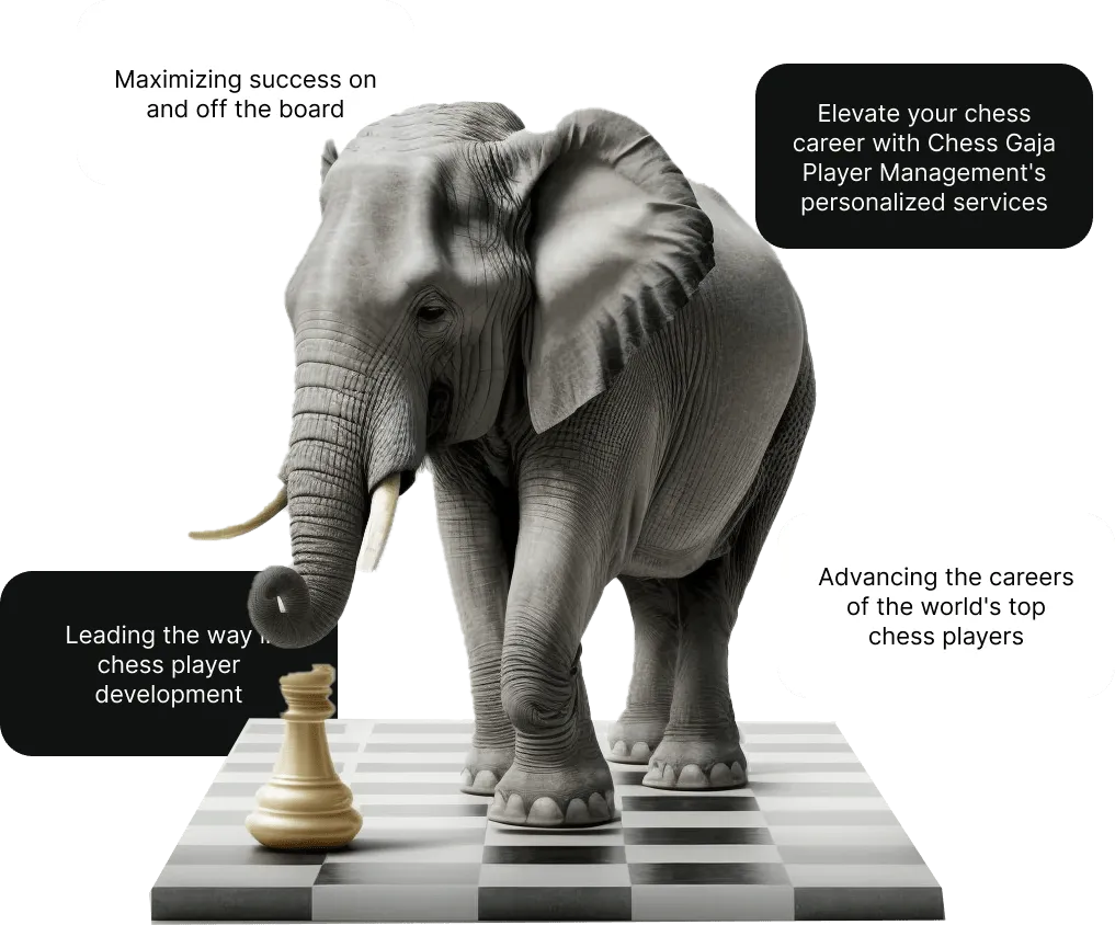 An elephant stands on a chessboard, holding a king piece with its trunk. Text bubbles highlight career growth and chess development services offered by Chess Gaja Player Management.