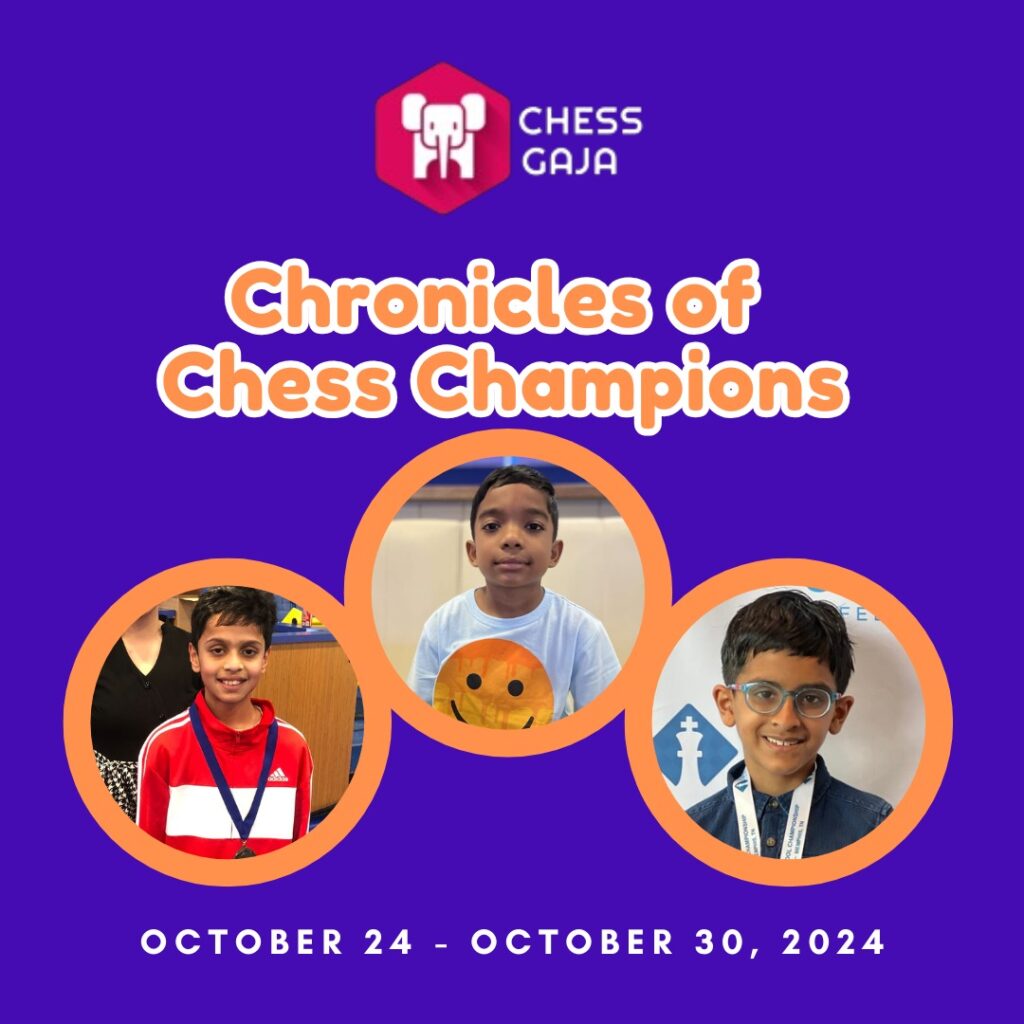 Three young chess players are featured in separate circular frames on a purple background with the text "Chronicles of Chess Champions" and event dates October 24 - October 30, 2024.