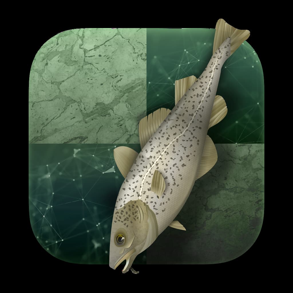 A realistic illustration of a fish, likely a trout, is positioned over a green, patterned square background with network-like lines and marble textures.
