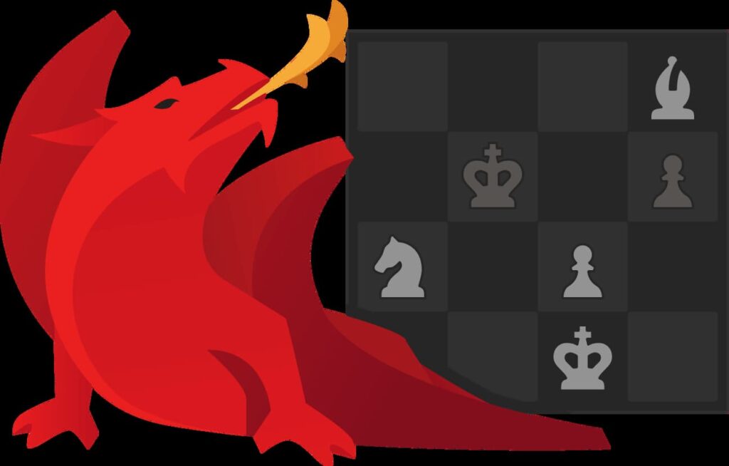 Red dragon breathing fire next to a partially completed chessboard featuring white and black chess pieces.
