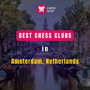 Text image featuring "Best Chess Clubs in Amsterdam, Netherlands" with a city canal and buildings in the background.