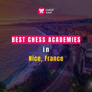 Aerial view of a coastal cityscape in Nice, France, with the text "Best Chess Academies in Nice, France" overlaid.