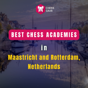 Text reading "Best Chess Academies in Maastricht and Rotterdam, Netherlands" over a background of a canal with boats and buildings.