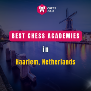 Text overlay on an image of a windmill near water reads, "Best Chess Academies in Haarlem, Netherlands," with the logo for Chess Gaja.