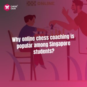 Illustration of a person teaching chess online to a student, accompanied by the text "Why online chess coaching is popular among Singapore students?.