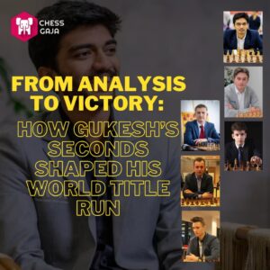 A collage showing chess player Gukesh and six other chess players with the text: "From Analysis to Victory: How Gukesh's Seconds Shaped His World Title Run.