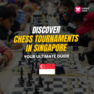 People playing chess at a tournament with text overlay advertising chess tournaments in Singapore and a small Singaporean flag.