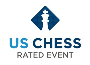 Logo with a stylized white king chess piece on a blue diamond background. Text below reads "US Chess Rated Event.