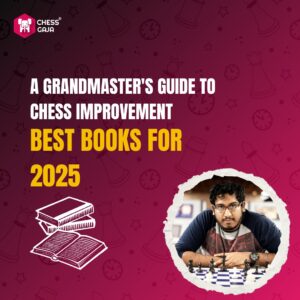 Promotional image for "A Grandmaster's Guide to Chess Improvement: Best Books for 2025" with a man playing chess and book illustrations on a patterned background.