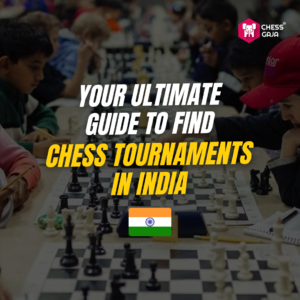 Children playing chess at a tournament with text overlay, "Your Ultimate Guide to Find Chess Tournaments in India" and an Indian flag icon.