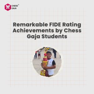 A young person holds a large trophy outdoors. The background features text about FIDE rating achievements by Chess Gaja students.