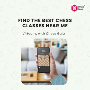 Hand holding a smartphone displaying a chess game. Background shows a blurred living room setting with text reading "Find the best chess classes near me" and "Chess Gaja" logo in the corner.