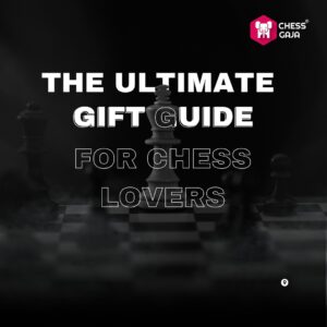 Text on a chess-themed background reads: "The Ultimate Gift Guide for Chess Lovers" with a logo of a chess knight.