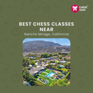 Aerial view of a residential area in Rancho Mirage, California with mountains in the background. Text reads, "Best Chess Classes Near Rancho Mirage, California" with Chess Gaja logo.