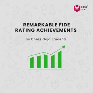 Graph with an upward trend depicting FIDE rating achievements, titled "Remarkable FIDE Rating Achievements by Chess Gaja Students," against a chess-themed background.
