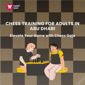 Two adults sitting on the floor playing chess, with text promoting chess training for adults in Abu Dhabi by Chess Gaja.