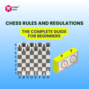 An image showing a chessboard with pieces in starting position, a chess clock, and the text "Chess Rules and Regulations: The Complete Guide for Beginners.