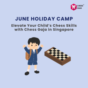 Illustration of a school-aged child with a backpack raising one hand next to a chessboard, promoting a June Holiday Camp for children's chess skills in Singapore by Chess Gaja.