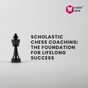 A black king chess piece stands on a white surface next to bold text that reads, "Scholastic Chess Coaching: The Foundation for Lifelong Success.