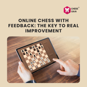 A person uses a tablet to play online chess; the screen shows an ongoing chess game. Text reads, "Online chess with feedback: The key to real improvement.
