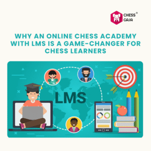 An illustration promoting an online chess academy with LMS, featuring a student with a laptop, educational icons, books, and avatars of people connected in a network.