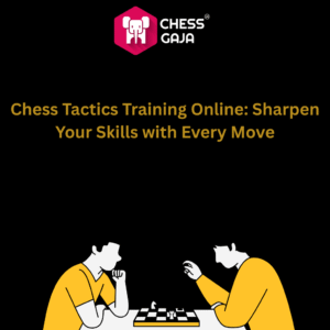Two people play chess at a table with the text “Chess Tactics Training Online: Sharpen Your Skills with Every Move” and the Chess Gaja logo above.