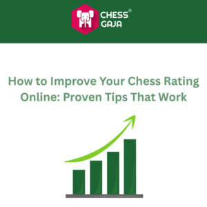 A bar graph with an upward arrow illustrates increasing success under the text "How to Improve Your Chess Rating Online: Proven Tips That Work" and the Chess Gaja logo.