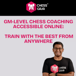 A man wearing a Chess Gaja shirt stands smiling; text above advertises GM-level chess coaching accessible online from Chess Gaja, with a pink elephant logo.