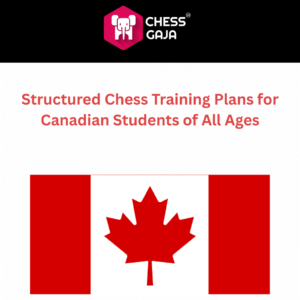 Chess Gaja logo, text promoting structured chess training plans for Canadian students of all ages, and an image of the Canadian flag.