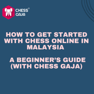 Blue graphic with Chess Gaja logo and the text: "How to get started with chess online in Malaysia. A beginner’s guide (with Chess Gaja).