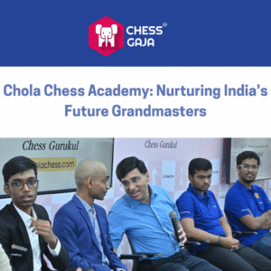 A group of five men, including chess players and a coach, sit in a row at a chess academy event, engaging in conversation.