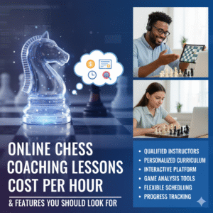 Online chess coaching ad showing a knight chess piece, costs and features, with images of two people playing chess virtually on laptops.