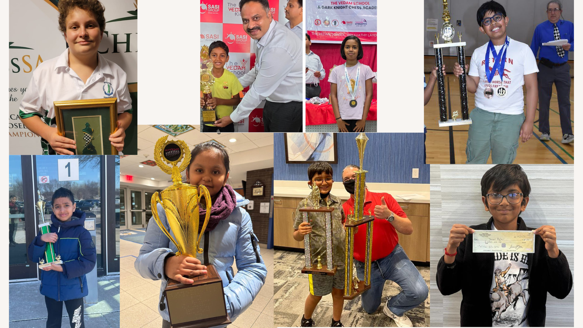 A collage of children holding trophies and medals, posing indoors at various chess tournaments, with event banners and adults visible in some photos.