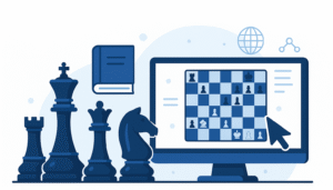 Illustration of chess pieces, a book, and a computer monitor displaying an online chess game with a mouse cursor, suggesting digital chess learning or playing.