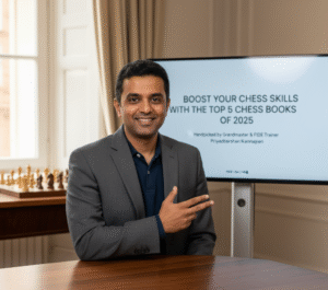 A man in a suit sits at a table, gesturing with three fingers, with a screen behind him displaying a presentation about top chess books of 2025. A chessboard is visible by the window.