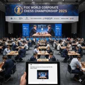 Large chess tournament hall with multiple games in progress, a central screen showing two players, and a person in the foreground holding a tablet displaying event details.