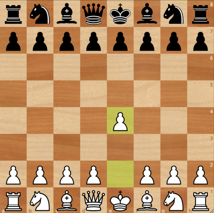 A chessboard shows the opening move 1.e4, with white's pawn advanced to the e4 square. All other pieces are in their starting positions.
