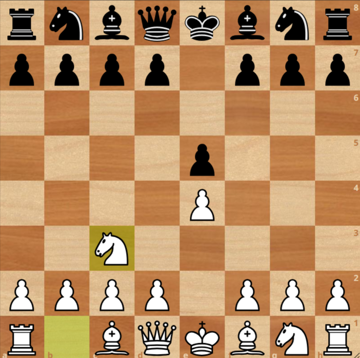 A chessboard showing the opening moves 1.e4 e5 2.Nc3, with White’s knight on c3 and Black’s pawn on e5.