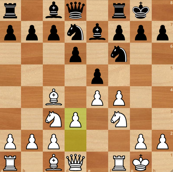 A chessboard showing a game in progress; White has just played pawn to d3, and both sides have developed several pieces.