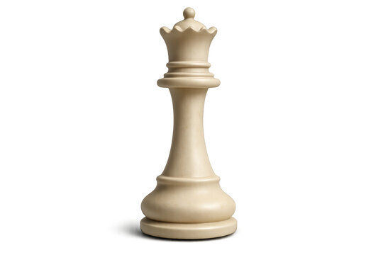 A white queen chess piece is standing upright on a plain white background.