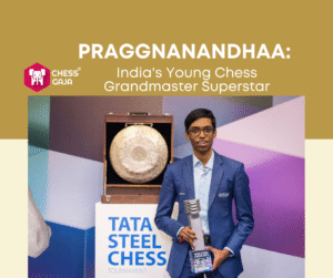 Indian chess grandmaster Praggnanandhaa stands holding a trophy at the Tata Steel Chess Tournament, with a gong in the background.