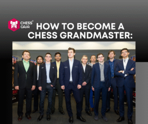 A group of ten men in formal attire stand together under a sign that reads, "How to Become a Chess Grandmaster" with the Chess Gaja logo in the top left corner.