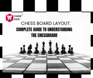 A row of black chess pieces is set up on a chessboard, with the text "Chess Board Layout: Complete Guide to Understanding the Chessboard" above them.