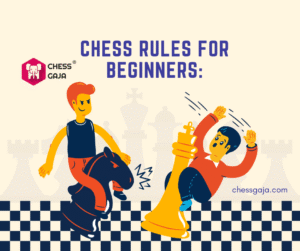 Illustration of two cartoon figures on a chessboard, one riding a knight piece and the other being knocked over by a king piece, with the text "Chess Rules for Beginners.