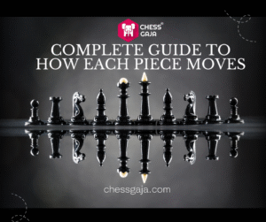 A row of black chess pieces is displayed with the text "Complete Guide to How Each Piece Moves" and the website "chessgaja.com" above and below the pieces.