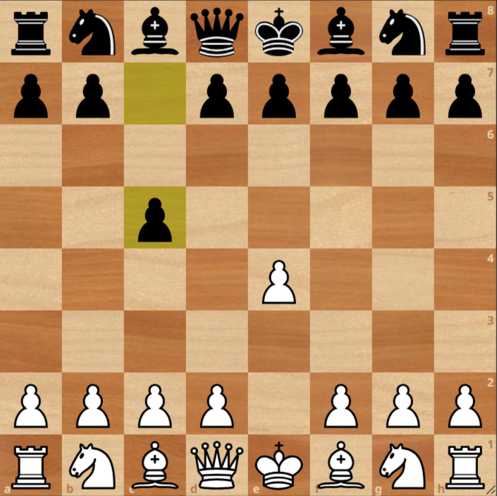Chessboard showing the opening phase of a game; white pawn on e4 and black pawn on c5, indicating the Sicilian Defense.