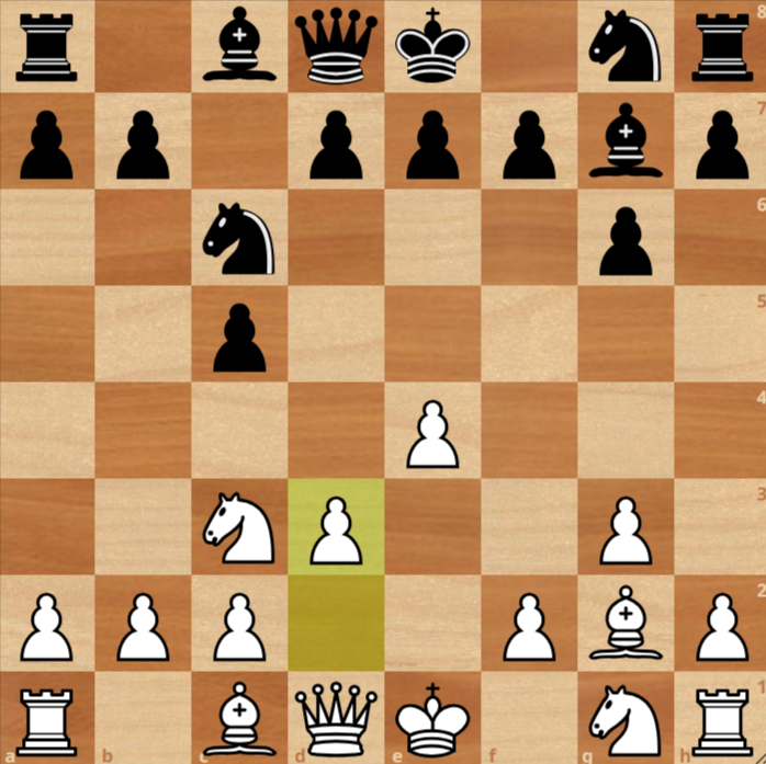 A chessboard displays a game in progress; White has just played pawn to d3, and both players have developed several minor pieces.