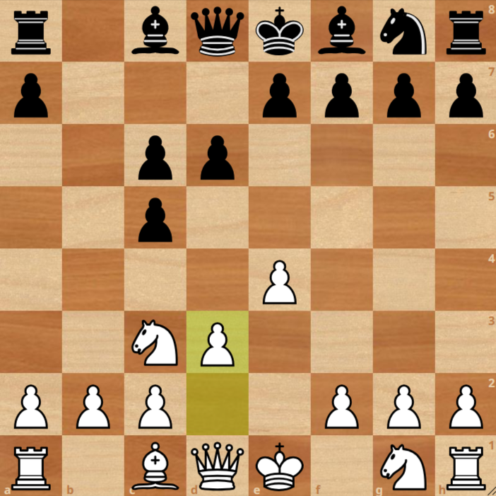 A chessboard shows an early game position; White has just moved pawn d2 to d3, and both sides have pieces developed, with no captures made yet.