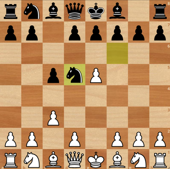 A chessboard showing an early game with White pawns on e5, c3, and d2; Black knight on d5; Black pawns on c5 and d7; other pieces in starting positions.